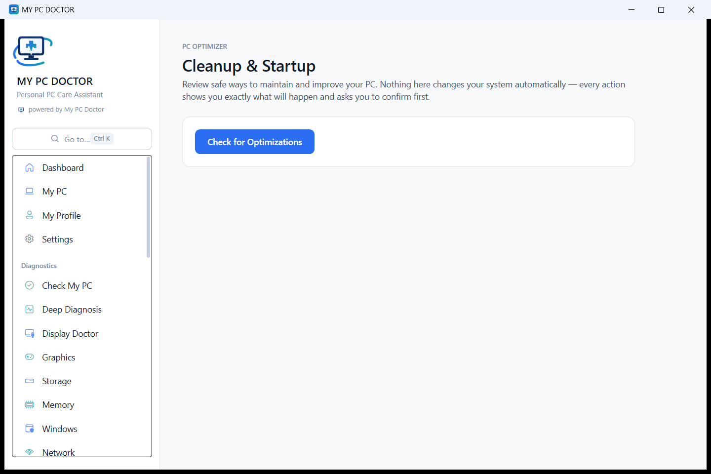 The Cleanup & Startup screen in My PC Doctor.