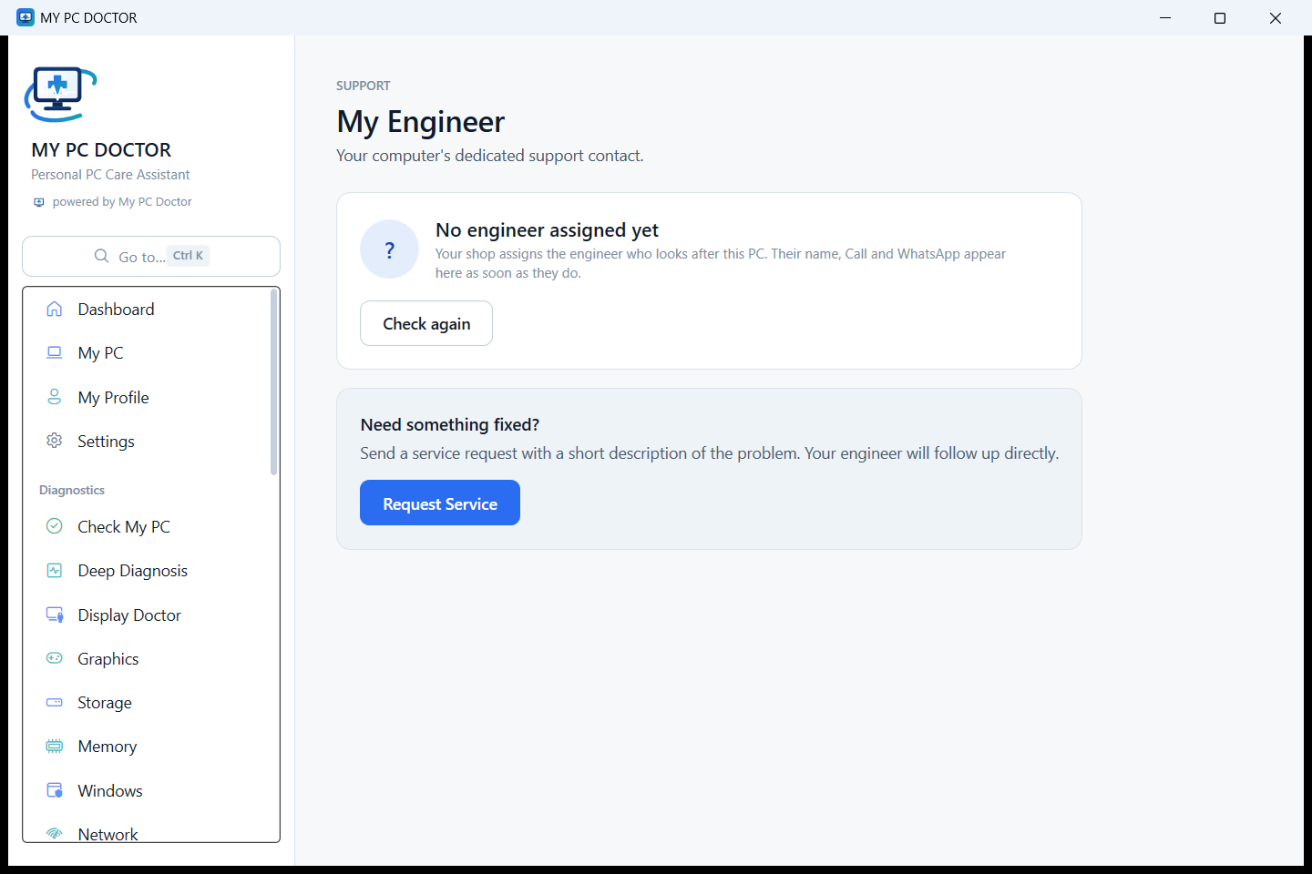 The My Engineer screen in My PC Doctor.
