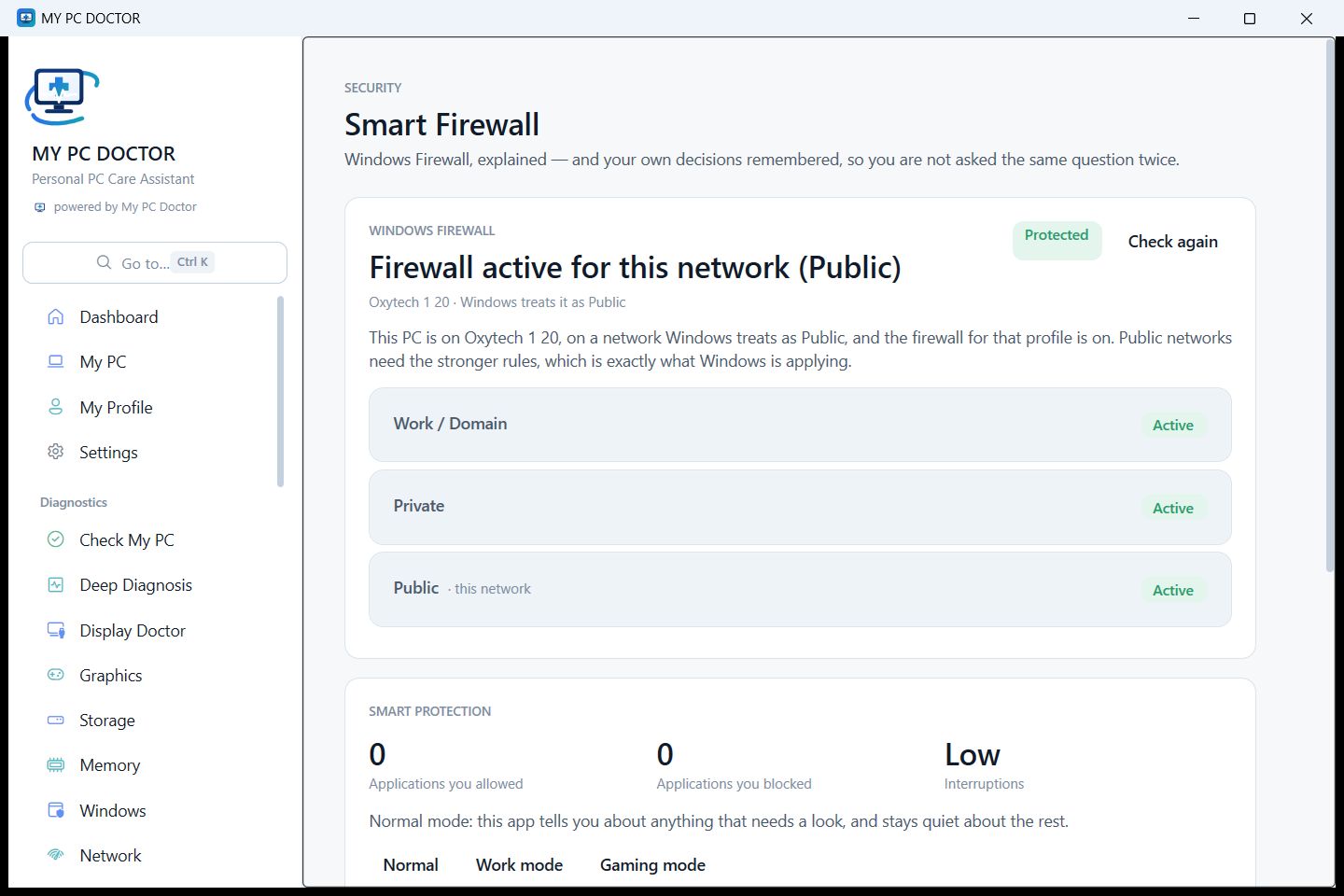 The Smart Firewall screen in My PC Doctor.
