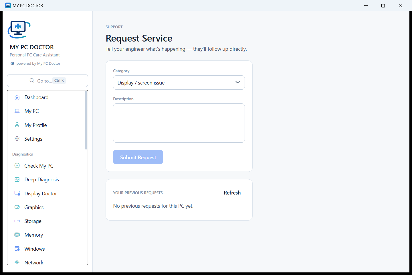The Request Service screen in My PC Doctor.